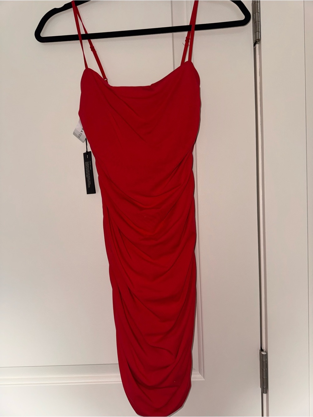 Aritzia Red Ruched Slip Midi Dress with Spaghetti Straps